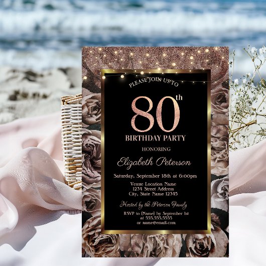 暗いバラ、ストリングライトグリッター80番目の誕生日 招待状