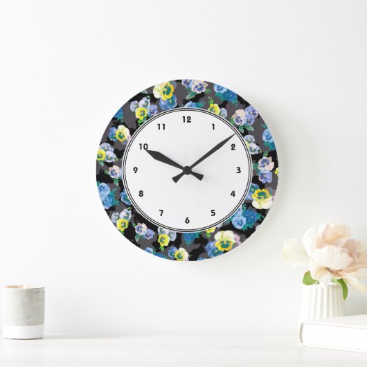 暗いパンジーのエレガントな花のプリント ラージ壁時計 (ホーム)