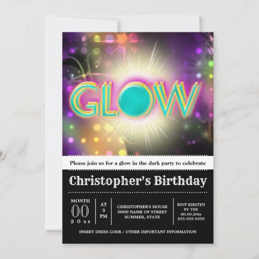 暗いパーティーのきらめくナイトライトおもしろい 招待状 (正面)