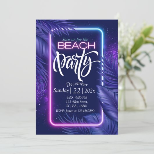 暗いビーチパーティー招待状の紫のネオン 招待状 (スタンド正面)