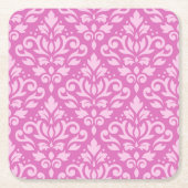 暗いピンクのスクロールダマスク織パターンライト スクエアペーパーコースター (正面)