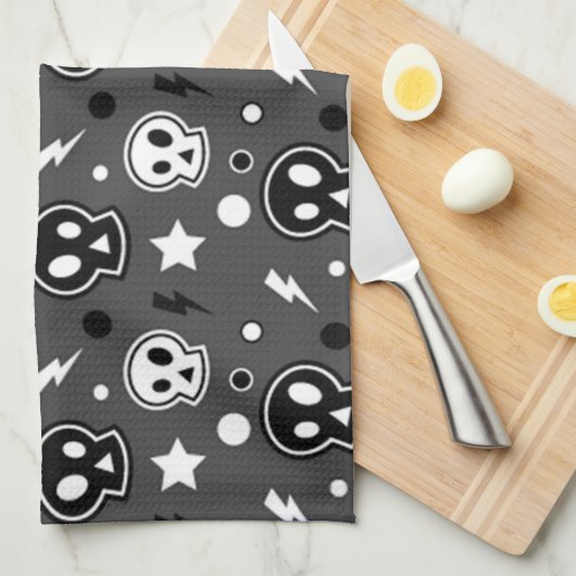 暗いファンキースカルパターン キッチンタオル (四つ折り)