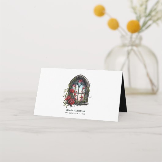 暗いファンタジー城の窓ゴシック結婚ズ プレイスカード (裏面)