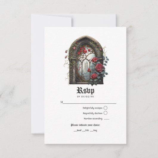 暗いファンタジー城の窓ゴシック結婚ズ 出欠カード (正面)