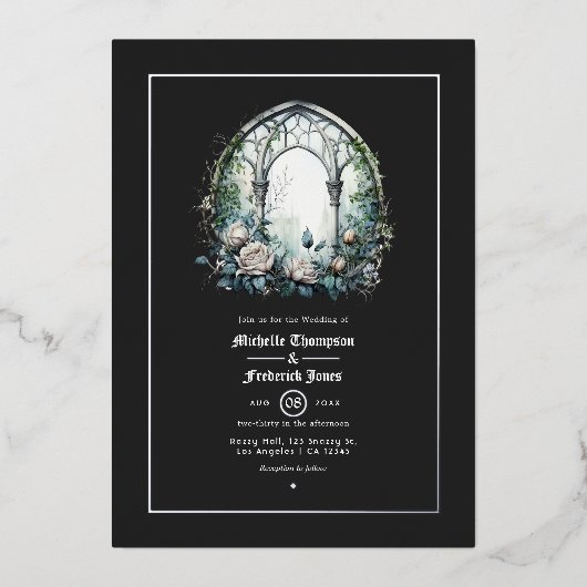 暗いファンタジー城の窓ゴシック結婚ズ 箔招待状 (正面)