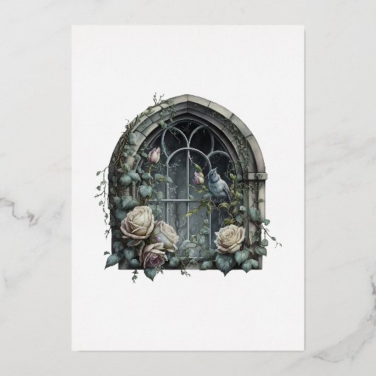 暗いファンタジー城の窓ゴシック結婚ズ 箔招待状 (裏面)