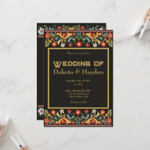 暗いフォークアート結婚式招待状、金ゴールドスクリプト