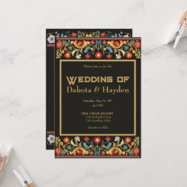 暗いフォークアート結婚式招待状、金ゴールドスクリプト 招待状