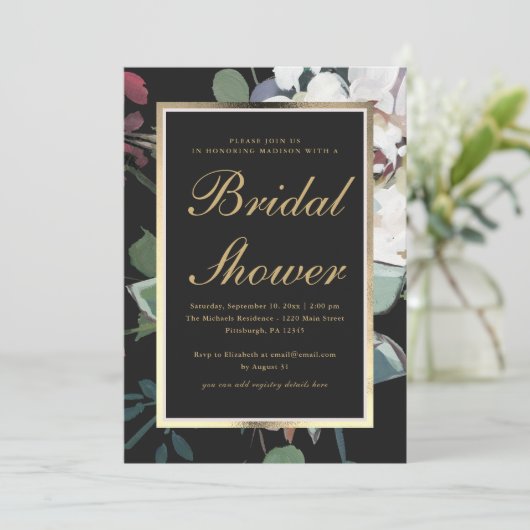 暗いフローラとフェイク金ゴールドフレームブライダルシャワー 招待状 (スタンド正面)