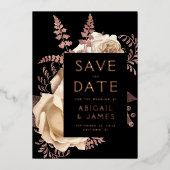 暗いフローラアイボリーバラ金ゴールド結婚式日付を保存 箔招待状 (正面)