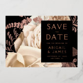 暗いフローラアイボリーバラ金ゴールド結婚式日付を保存 箔招待状 (正面)