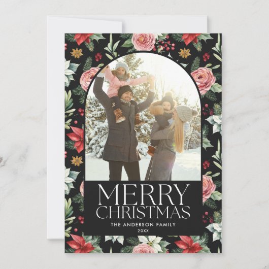 暗いフローラアーチ写真フレームメリークリスマス シーズンカード (正面)