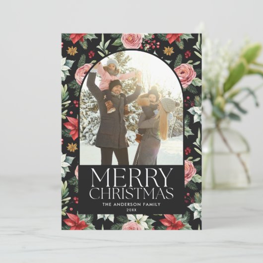 暗いフローラアーチ写真フレームメリークリスマス シーズンカード (スタンド正面)