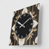 暗いフローラアールデコクロックの白黒と金ゴールド スクエア壁時計 (傾斜)