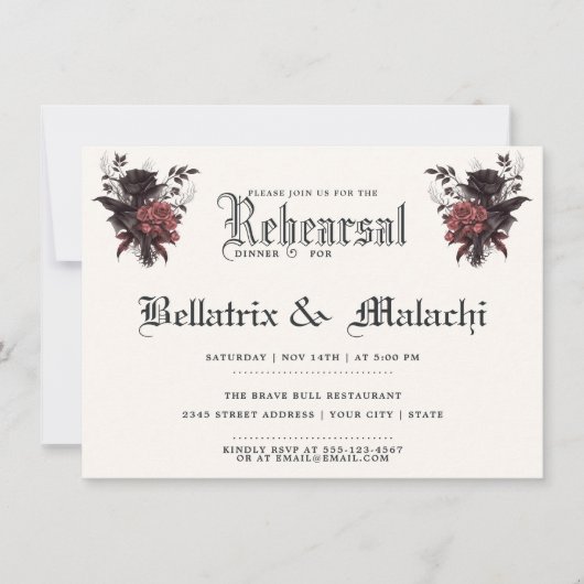 暗いフローラゴシックのリハーサルディナー 招待状 (正面)