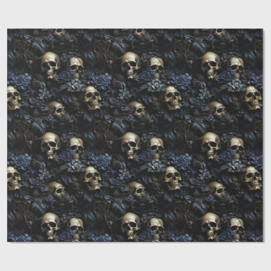 暗いフローラゴシックの黒と青のスカル不気味 ラッピングペーパー (フラット)