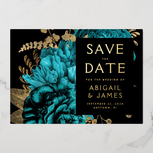 暗いフローラターコイズ金ゴールド結婚式の日付を保存 箔招待状 (正面)