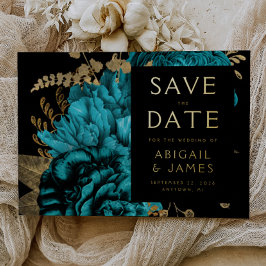 暗いフローラターコイズ金ゴールド結婚式の日付を保存 箔招待状