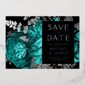 暗いフローラティール（緑がかった色）ブルーシルバーウェディング日付を保存 箔招待状 (正面)