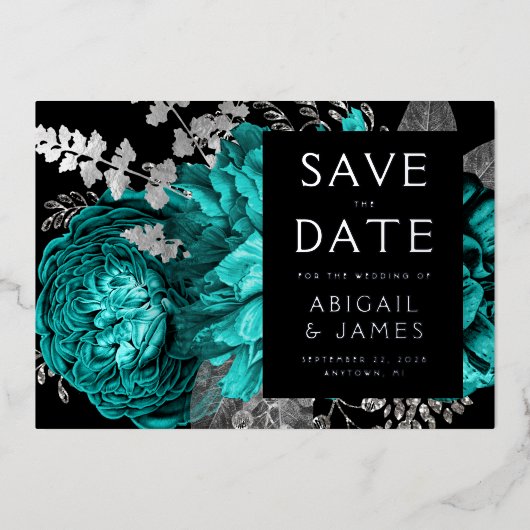 暗いフローラティール（緑がかった色）ブルーシルバーウェディング日付を保存 箔招待状 (正面)