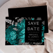 暗いフローラティール（緑がかった色）ブルーシルバーウェディング日付を保存 箔招待状