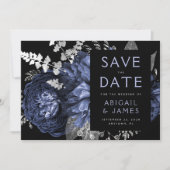 暗いフローラネイビーブルーシルバーウェディング日付を保存 招待状 (正面)