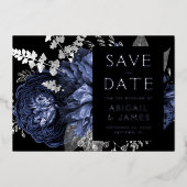 暗いフローラネイビーブルーシルバーウェディング日付を保存 箔招待状 (正面)