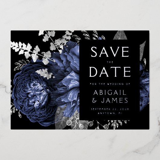 暗いフローラネイビーブルーシルバーウェディング日付を保存 箔招待状 (正面)