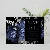 暗いフローラネイビーブルーシルバーウェディング日付を保存 箔招待状 (立ち正面)