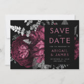 暗いフローラバーガンディーシルバーウェディング日付保存 招待状 (正面)