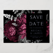 暗いフローラバーガンディーシルバーウェディング日付保存 箔招待状 (正面)