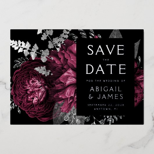 暗いフローラバーガンディーシルバーウェディング日付保存 箔招待状 (正面)
