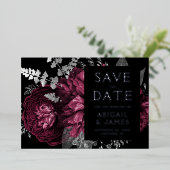 暗いフローラバーガンディーシルバーウェディング日付保存 箔招待状 (立ち正面)