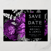 暗いフローラプラムシルバーウェディング日付を保存 箔招待状 (正面)