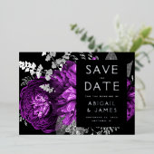 暗いフローラプラムシルバーウェディング日付を保存 箔招待状 (立ち正面)