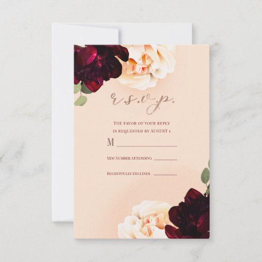暗いフローラマルサラピーチバラ金ゴールド返信R.S.V.P. 招待状 (正面)