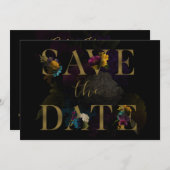 暗いフローラムーディモノグラム結婚式の日付を保存 招待状 (正面/裏面)