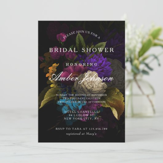 暗いフローラムーディ結婚ーのブライダルシャワーへの招待 招待状 (スタンド正面)