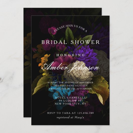 暗いフローラムーディ結婚ーのブライダルシャワーへの招待 招待状 (正面/裏面)
