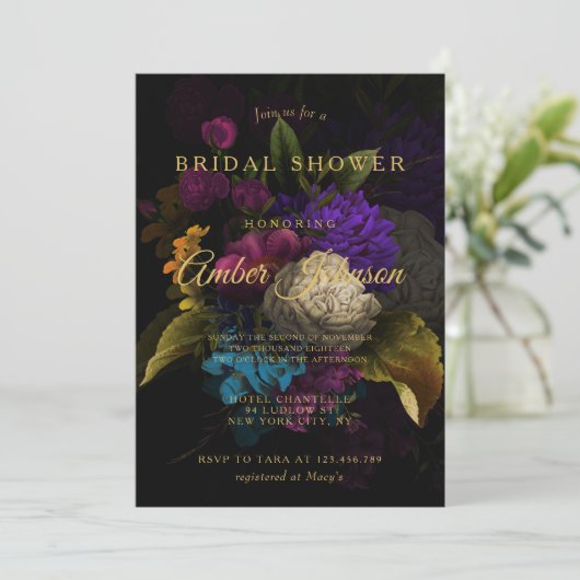 暗いフローラムーディ結婚ーのブライダルシャワーへの招待 招待状 (スタンド正面)