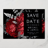 暗いフローラレッドシルバーウェディング日付を保存 箔招待状 (正面)