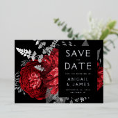 暗いフローラレッドシルバーウェディング日付を保存 箔招待状 (立ち正面)