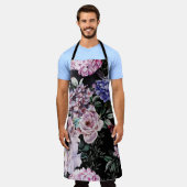 暗いフローラ水色シームレスデザイン エプロン (着用した状態)