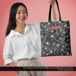 暗いフローラ白黒パターンと赤い名前 トートバッグ