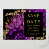 暗いフローラ紫の金ゴールド結婚式の日付を保存 箔招待状 (正面)