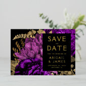 暗いフローラ紫の金ゴールド結婚式の日付を保存 箔招待状 (立ち正面)