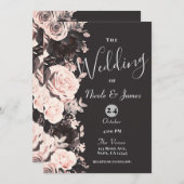 暗いフローラ赤面ピンクチャコールグレーブラック結婚ズ 招待状 (正面/裏面)