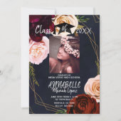 暗いフローラ金ゴールドネイビーブルー卒業パーティーの写真 招待状 (正面)