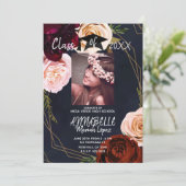 暗いフローラ金ゴールドネイビーブルー卒業パーティーの写真 招待状 (スタンド正面)