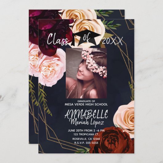 暗いフローラ金ゴールドネイビーブルー卒業パーティーの写真 招待状 (正面/裏面)